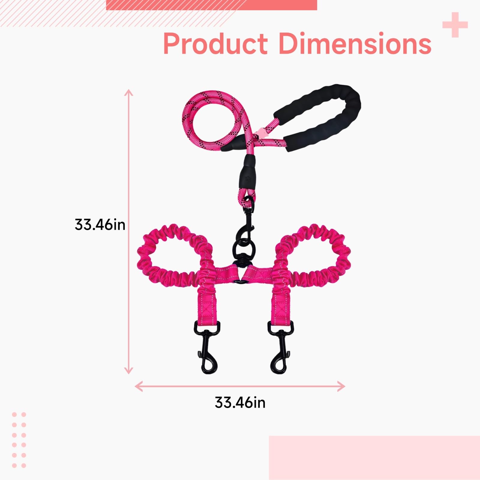Laisse Double pour Chien Rose, coupleur sans nœuds, Laisse Double Robuste pour Deux Chiens, Nylon réfléchissant avec mousquetons métalliques, contrôle sûr pour Grandes Races, 90 x 85 x 85 cm