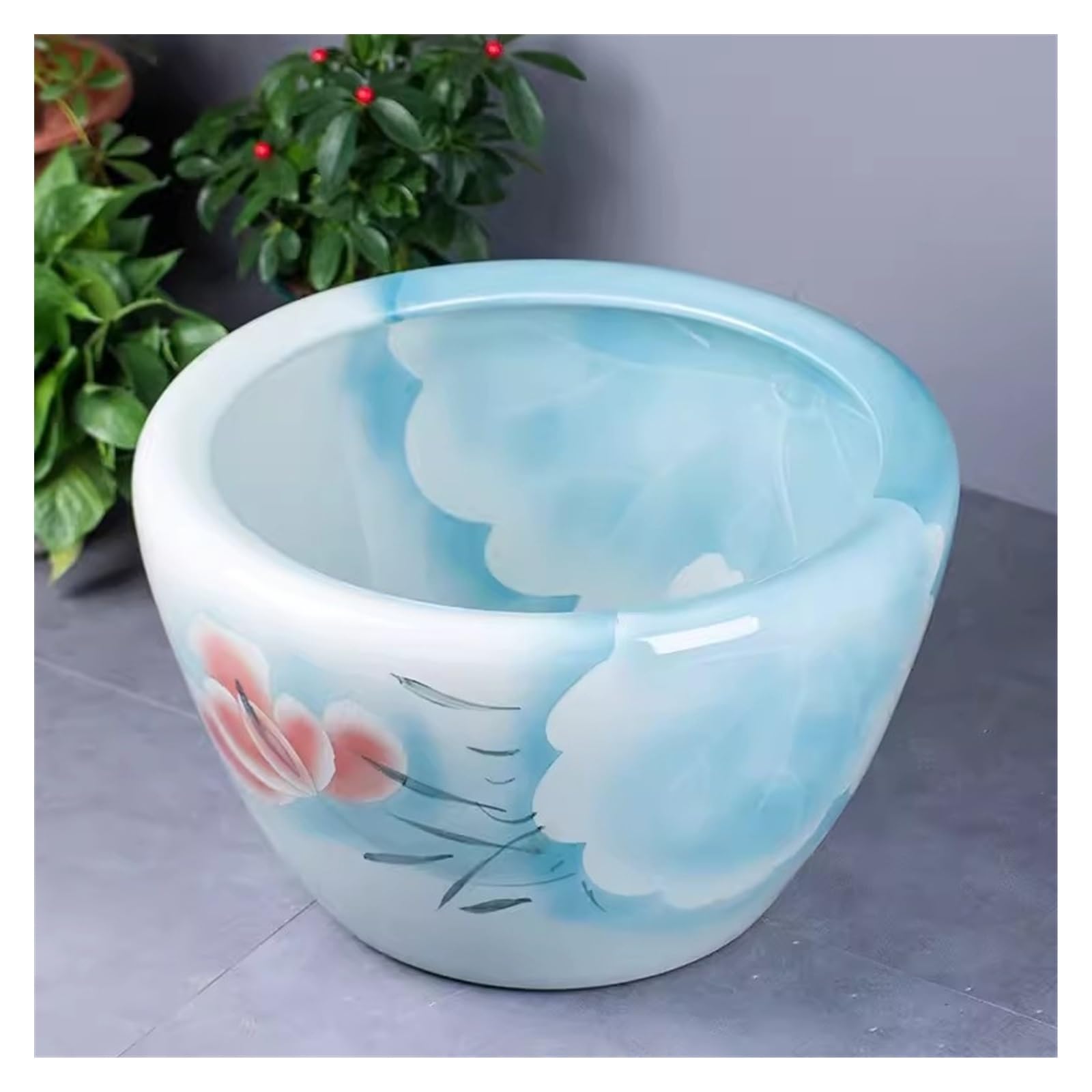 Mały Chiński tradycyjny ceramiczny zbiornik na ryby niebieski liść lotosu kwiat lotosu zbiornik na ryby hodowlane na zewnątrz w pomieszczeniu salon Feng Shui dekoracyjny zbiornik na ryby zbiornik na ż