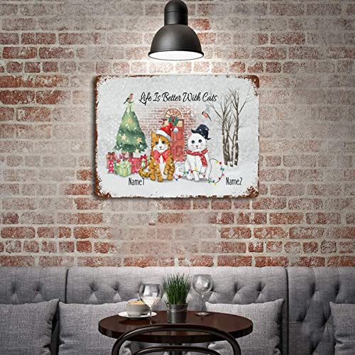 Wodevor Cat Quote Metal Signs Vintage Signs Life Is Better With Cats Personalize Cat's Name Tin Plaque Plate Retro Vintage Bar Restaurant Wall Decoration 12"X16" #TOP3