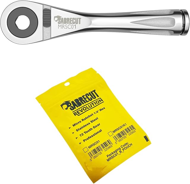 1 x SabreCut MRSC01 Mini Micro Ratchet 1/4" Hex Stainless Steel Professional 72 Tooth Gear Hand Ratchet Wrench