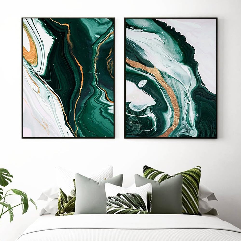 WUHBCZ Canvas Paints,Nordic Green Abstract Gold Foil lines Poster Modern Canvas Painting Wall Art Print Picture for Living Room Bedroom Office Home Decor-60 * 70cm*2PCS (No Frame)
