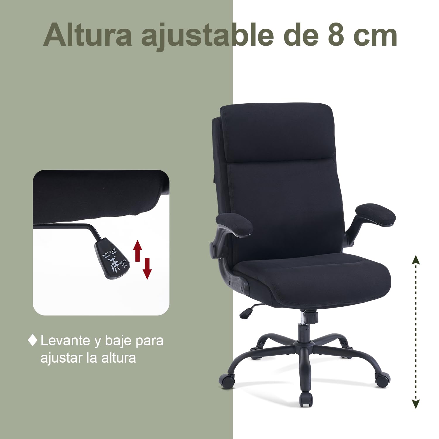 CASTLOVE Silla de oficina ergonómica, silla de escritorio con respaldo, reposabrazos plegable, respaldo alto, altura ajustable, función basculante (silla de oficina, tela, negro, máx. 150 kg)
