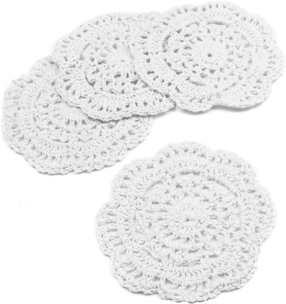 kilofly Handmade Crochet Cotton Lace Coasters Doilies Set, 4pc White Round 4 Inch - Vintage Table Protectors