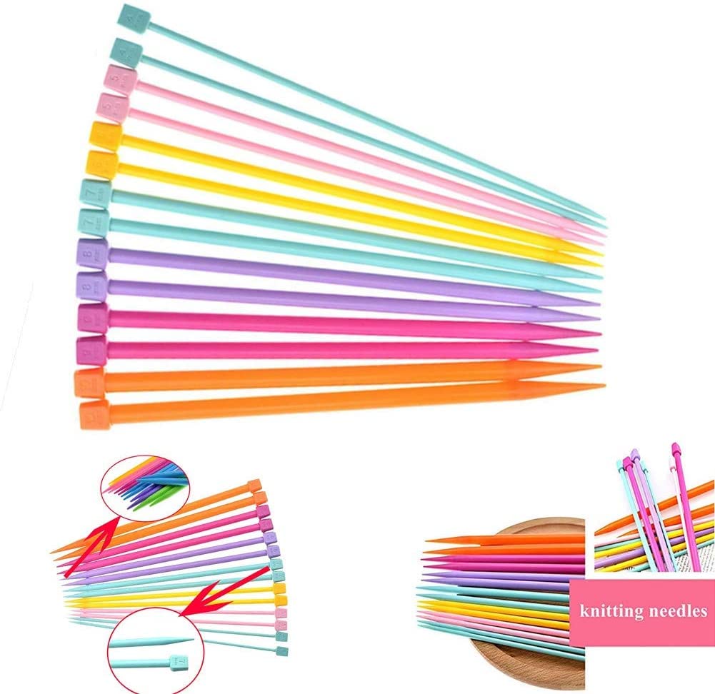 KASTWAVE Plastic Knitting Needle Set, DIY Craft Yarn Knitting Tools, 7 Sizes (4-10 mm), 14 PCS, Multicolor, Straight, Lightweight, Comfortable, Ideal for Beginners & Experienced Knitters