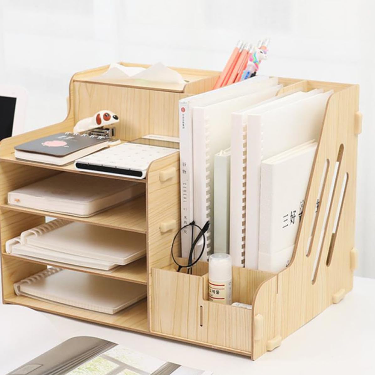 STOBAZA Organizador de Escritorio de Madera Robusta con Múltiples Compartimentos Almacenamiento Estable y Gran Capacidad para Documentos y Papelería para Oficina Estudio y Dormitorios