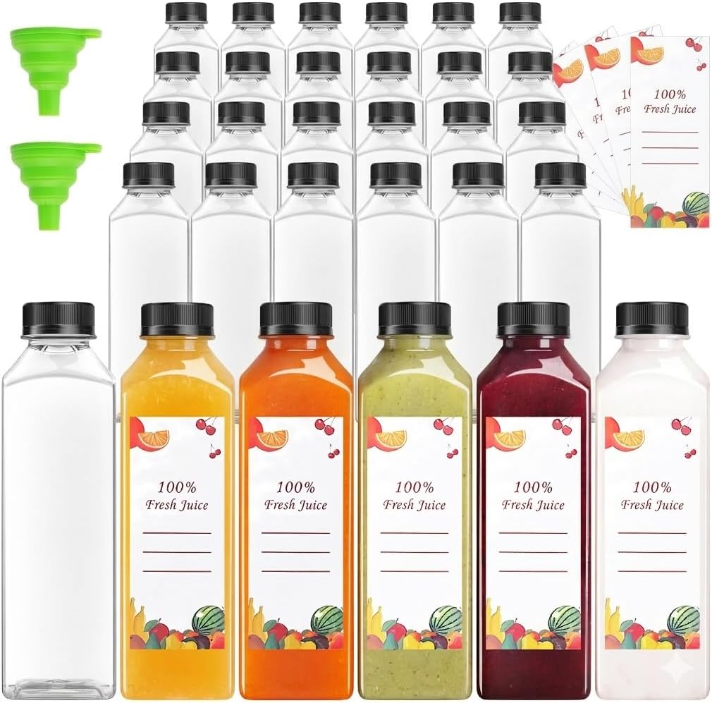 56pcs 8oz Pcs Juice Bottles, Juice Bottle with Caps Reusable Empty Clear Bottles with Label, Funnel, Brush Bulk Beverage Containers for Juicing, Drinking, Smoothie and Other Beverages (8oz)