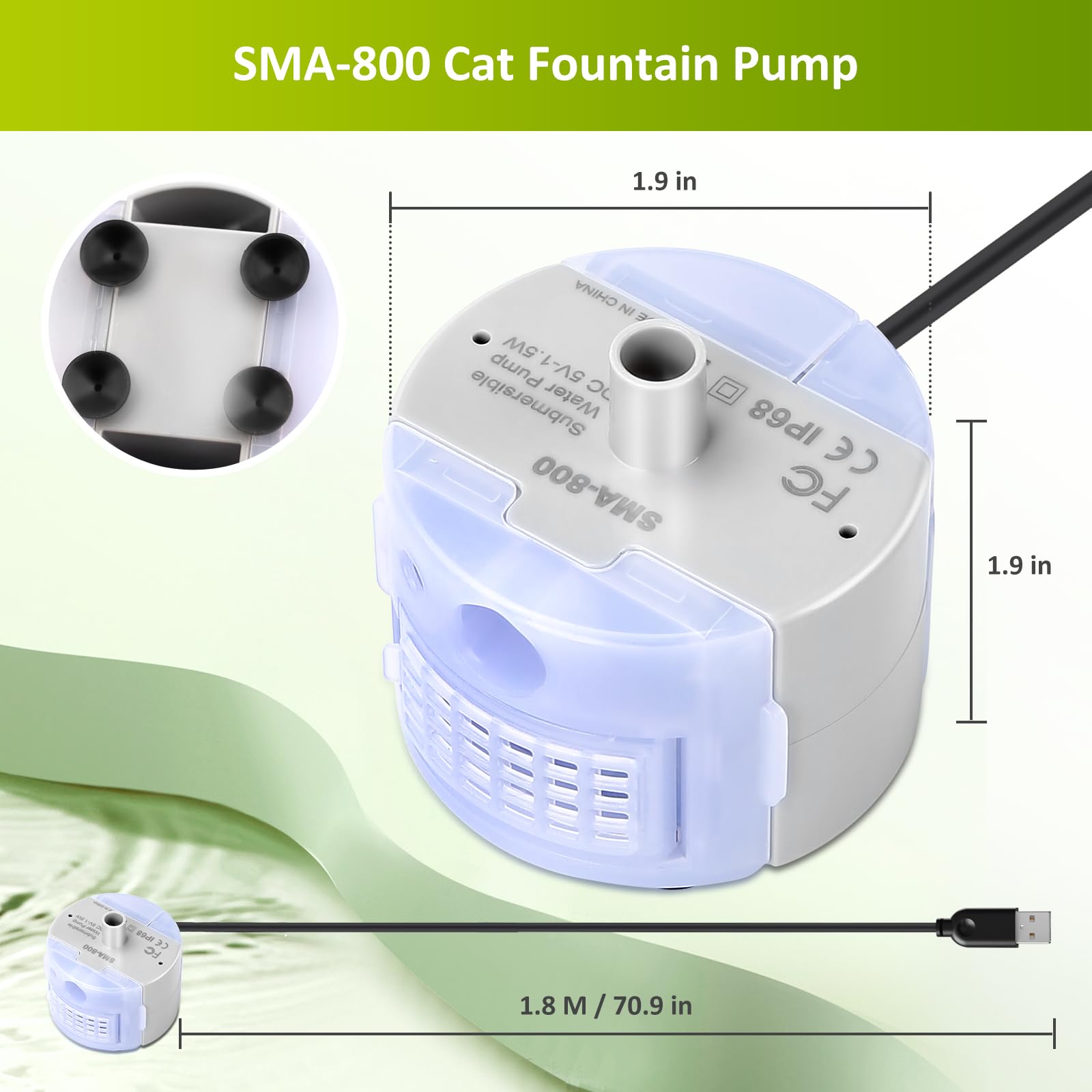 Bomba de fuente de agua para gatos, bomba de repuesto DR-DC para dispensador de agua de mascotas de acero inoxidable, bomba de fuente ultra silenciosa para mascotas, motor sumergible IP68 SMA