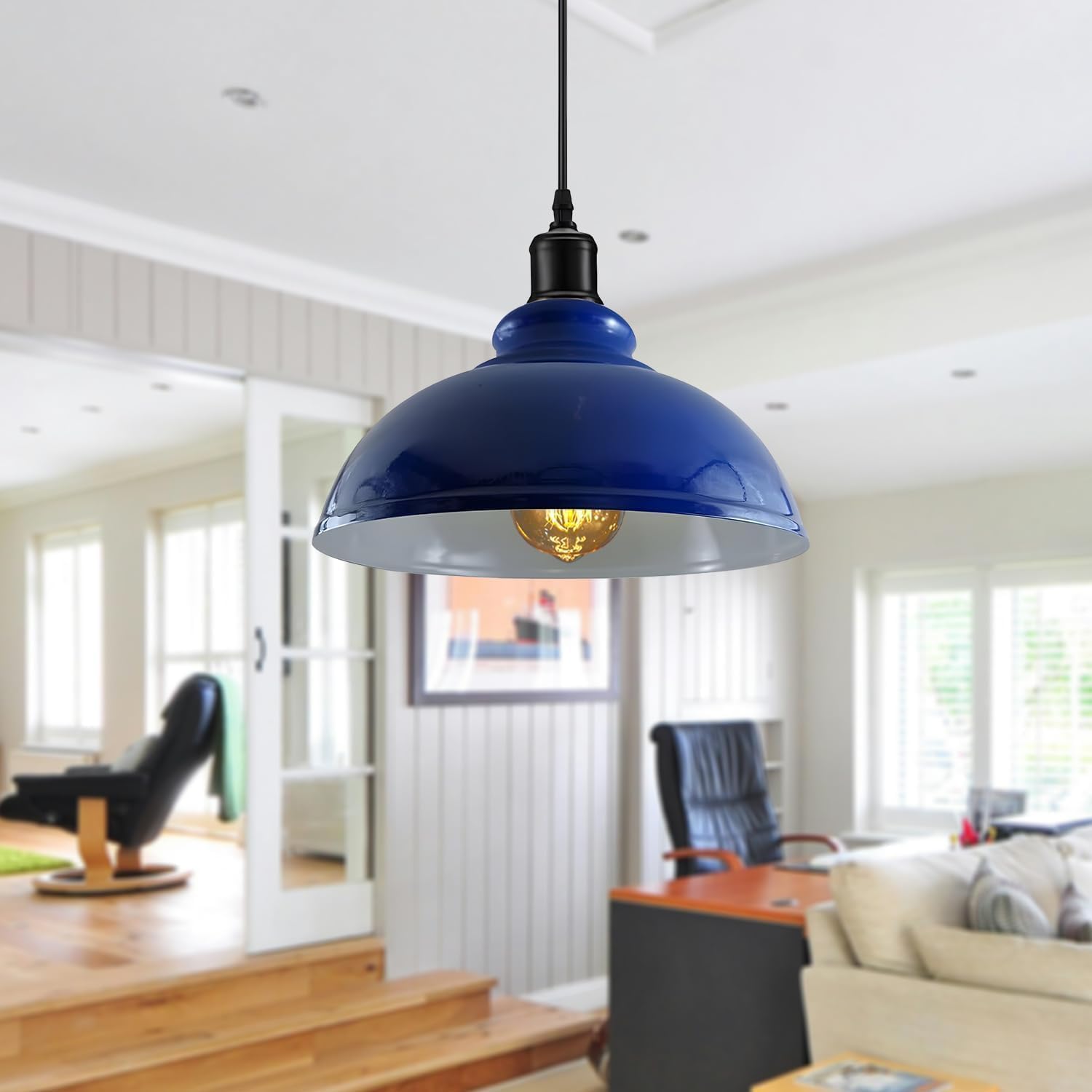LEDSone Industrial Pendant Light Retro Chandelier Ceiling Light Vintage Lamp Ceiling Lighting Metal Shade for Restaurant Living Room Bedroom Kitchen Hallway Bar (Blu navy)