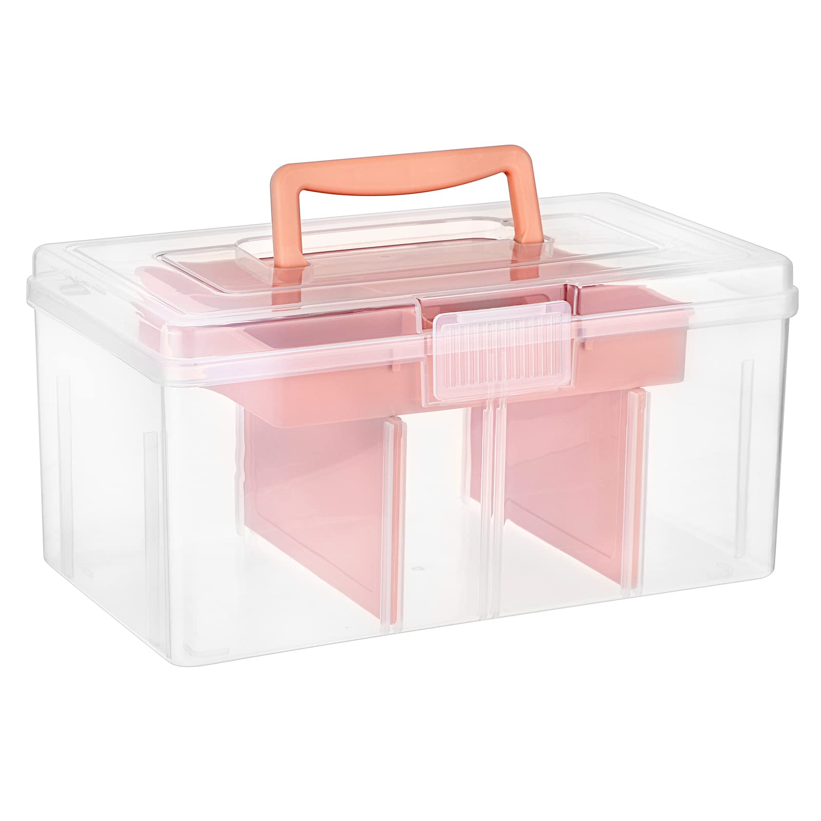 IGNPIONClear Craft Stackable Storage Box with Storage Tray Plastic 7-compartment Mulit Purpose Storage Container for Storing&Organising Toys, Arts Crafts, Stationery, Sewing, Fishing Tackle, Pink