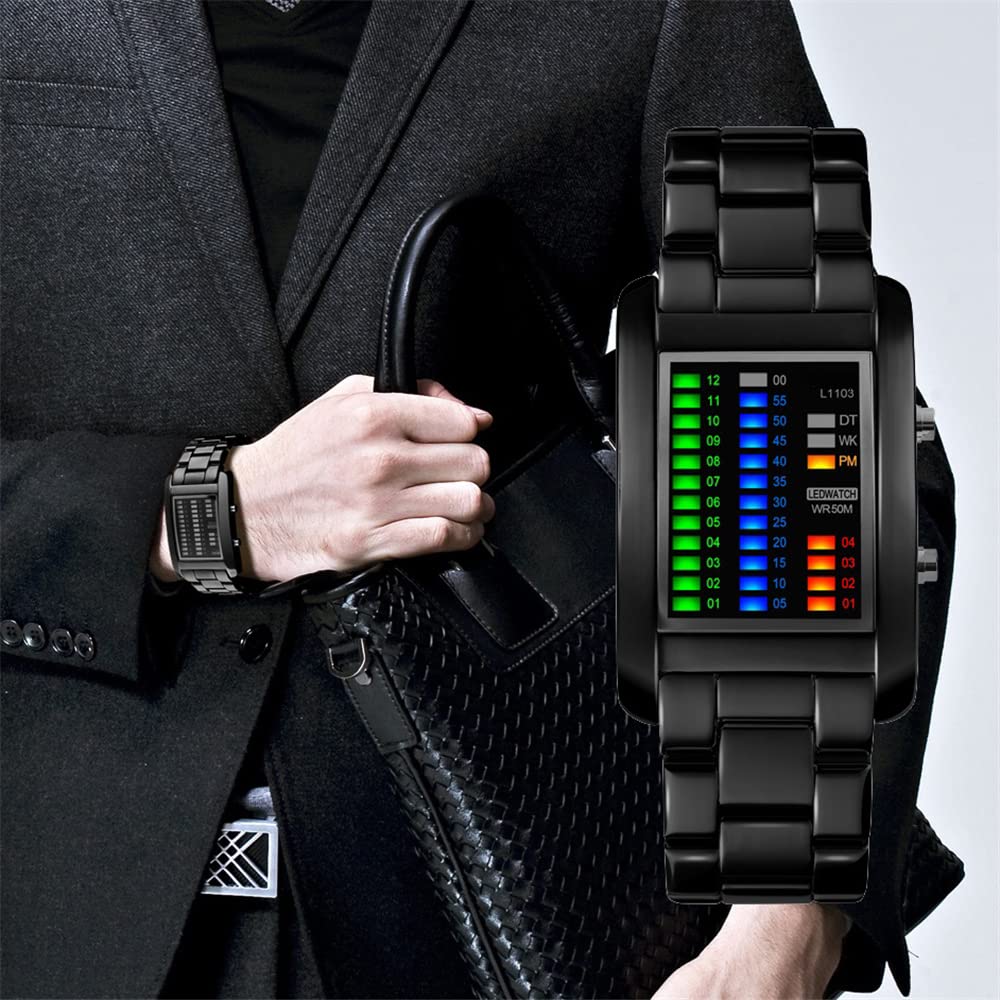 Fashion Unico Binario Relojes de Pulsera Unisex 50M Impermeable Fecha Multicolor LED Luz Outdoor Deportivo Digitales Electrónica Rectangular Acero Inoxidable Reloj, Negro