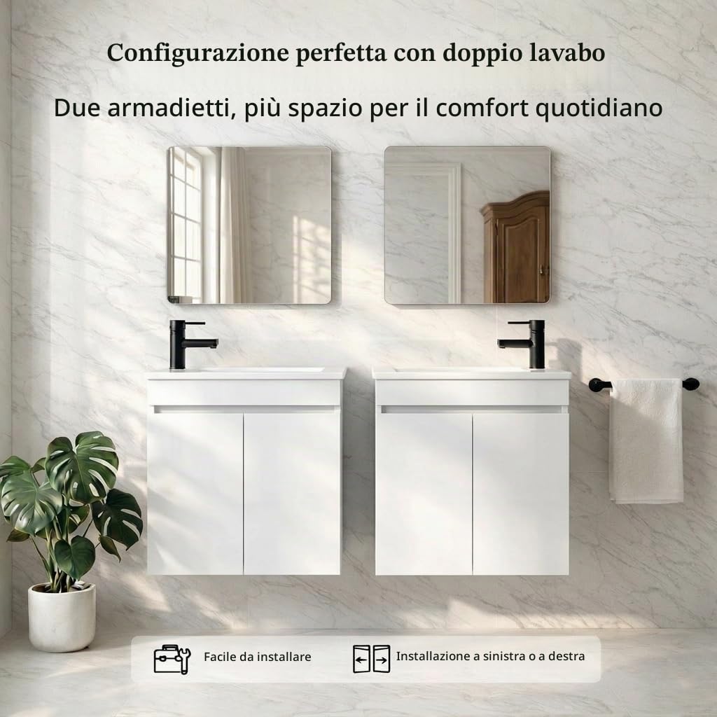 NUESTRA VIDA Mobile sottolavabo 50 cm con mobiletto, set di mobili da bagno con lavabo, mobile da appendere per piccoli bagni, ospiti, WC, senza rubinetto, bianco (50 x 27 x 58 cm)