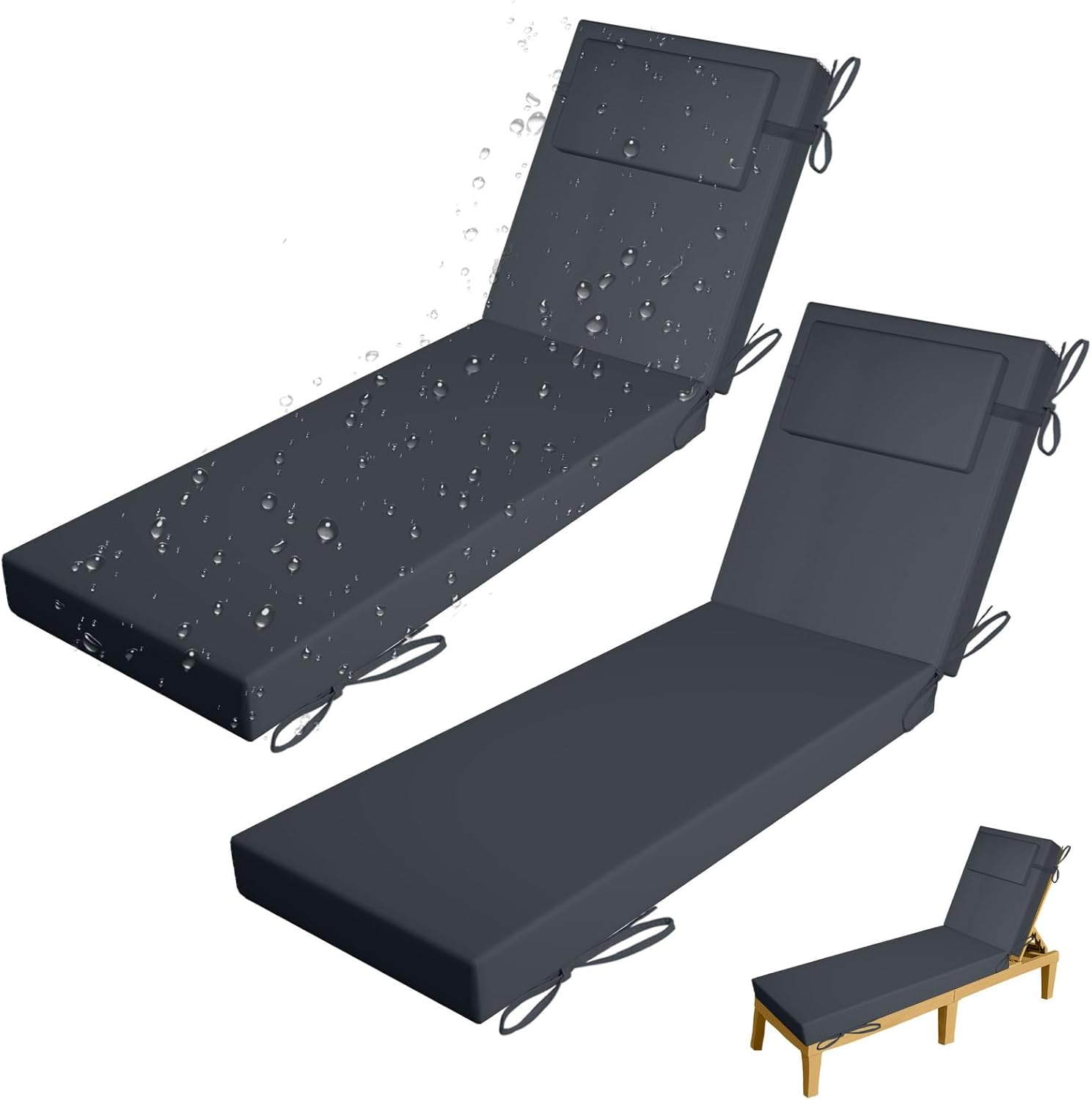 Chaise Lounge Cushion Waterproof Outdoor Lounge Chair Cushions Set of 2, Anti-Fading Patio Recliner Chairs Cushions with Ties for Garden Lawn Pool Resort (Dark Gray, 80 x 26x 3)