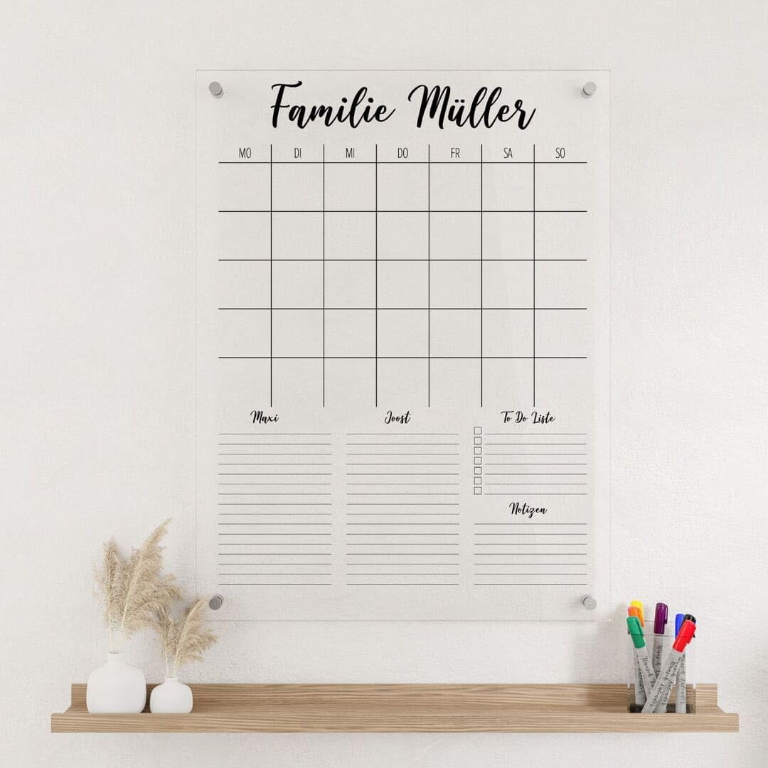 personalisierter Wandkalender - Hochkant 2-Namen Kalender - wiederverwendbarer Kalender aus Acrylglas - Familienplaner abwischbar - Hingucker für jeden Raum