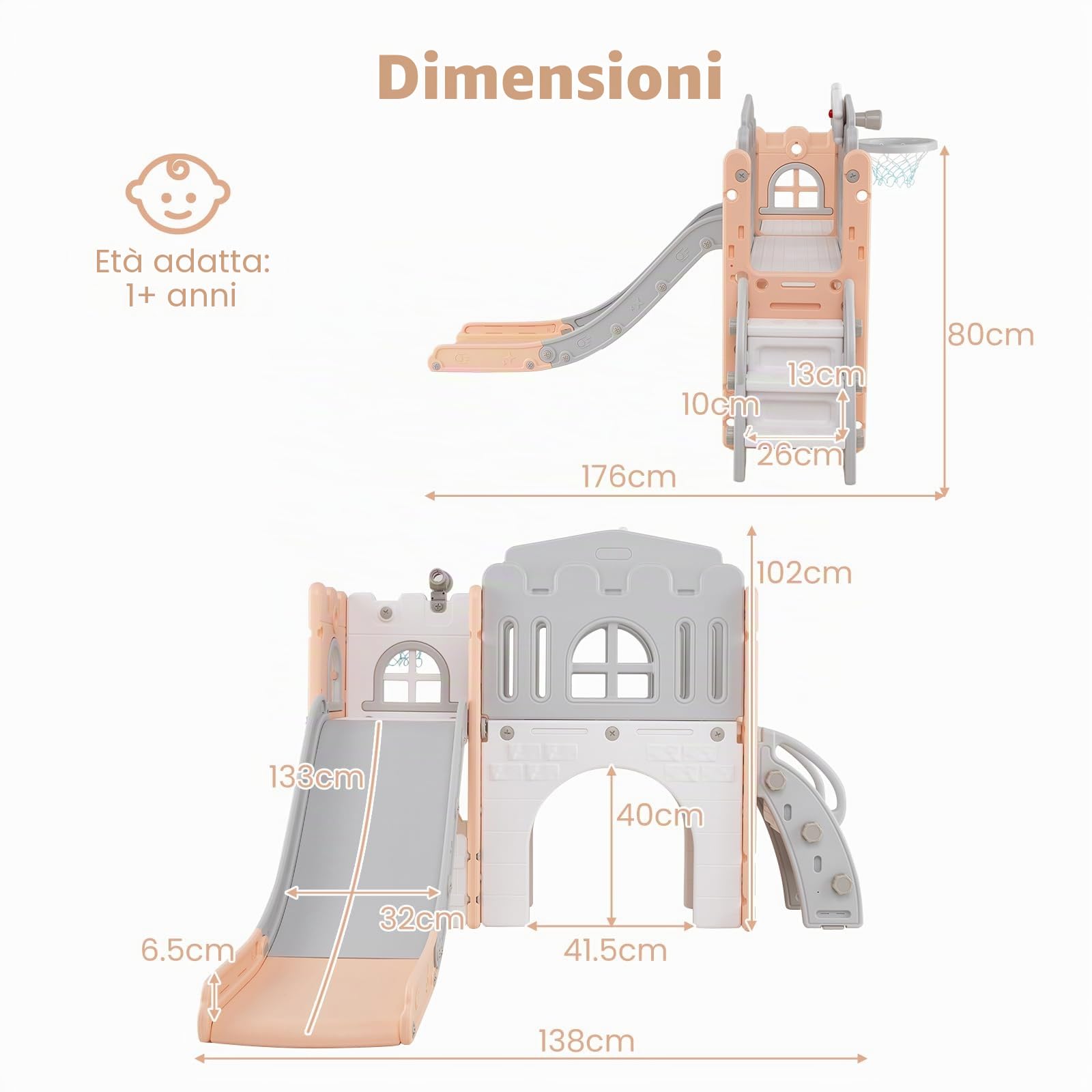 HOMASIS Scivolo per Bambini in HDPE, 9 in 1 Parco Giochi con Volante, Cannocchiale, Canestro da Basket, Tunnel, Scala da Arrampicata, Palestra Montessoriana per Bambini da 3+ Anni (Rosa)