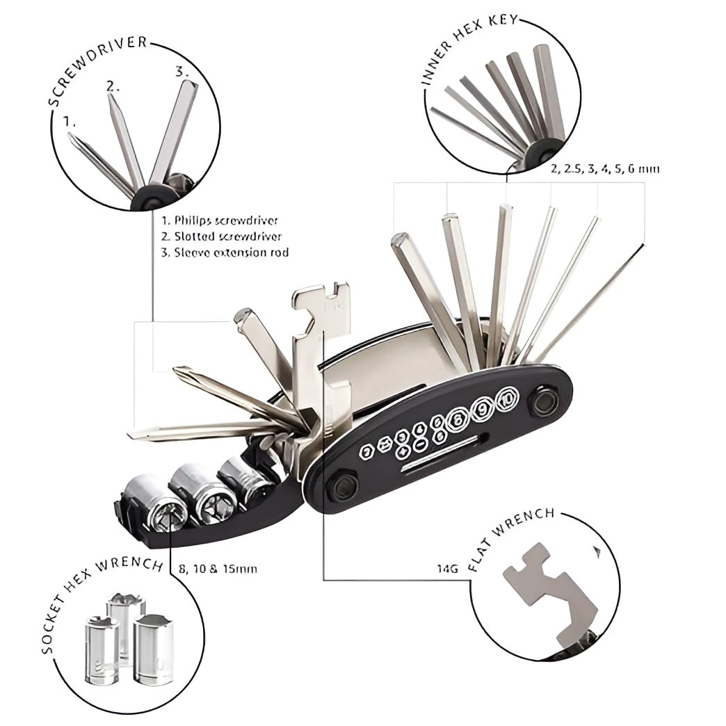 TRT Greno Bicycle 16 in 1 Multi-Tool Kit, Carbon Steel Construction, Compact Folding Design with 13 hole wrench for all 3