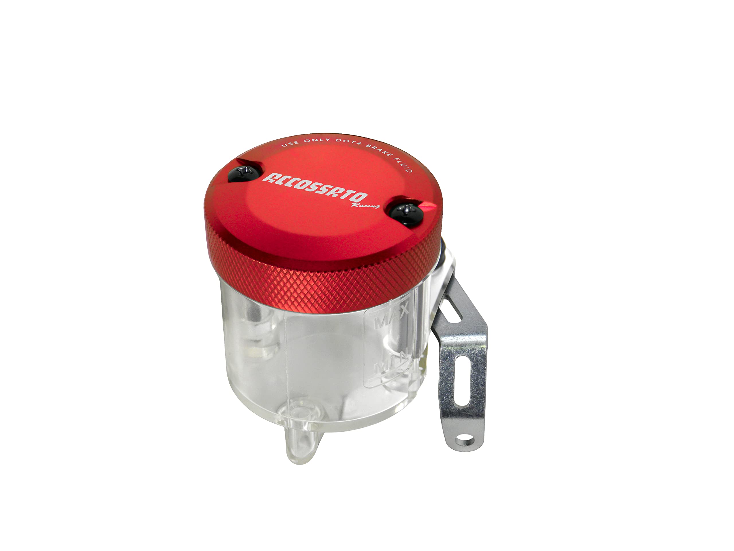 ACCOSSATO Kit di Montaggio vaschetta Olio Freni da 45 ml in plastica Trasparente con Tappo in Alluminio CNC ossidato Rosso e Staffa specifica per Pompe