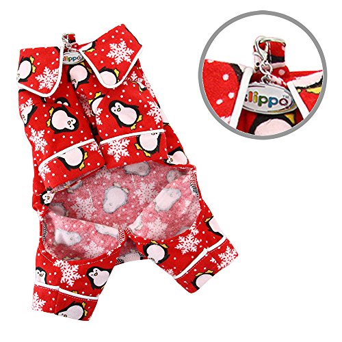 Klippo Penguins & Snowflake Flannel Dog Pajamas/Bodysuit/Loungewear - Red - Medium #TOP2