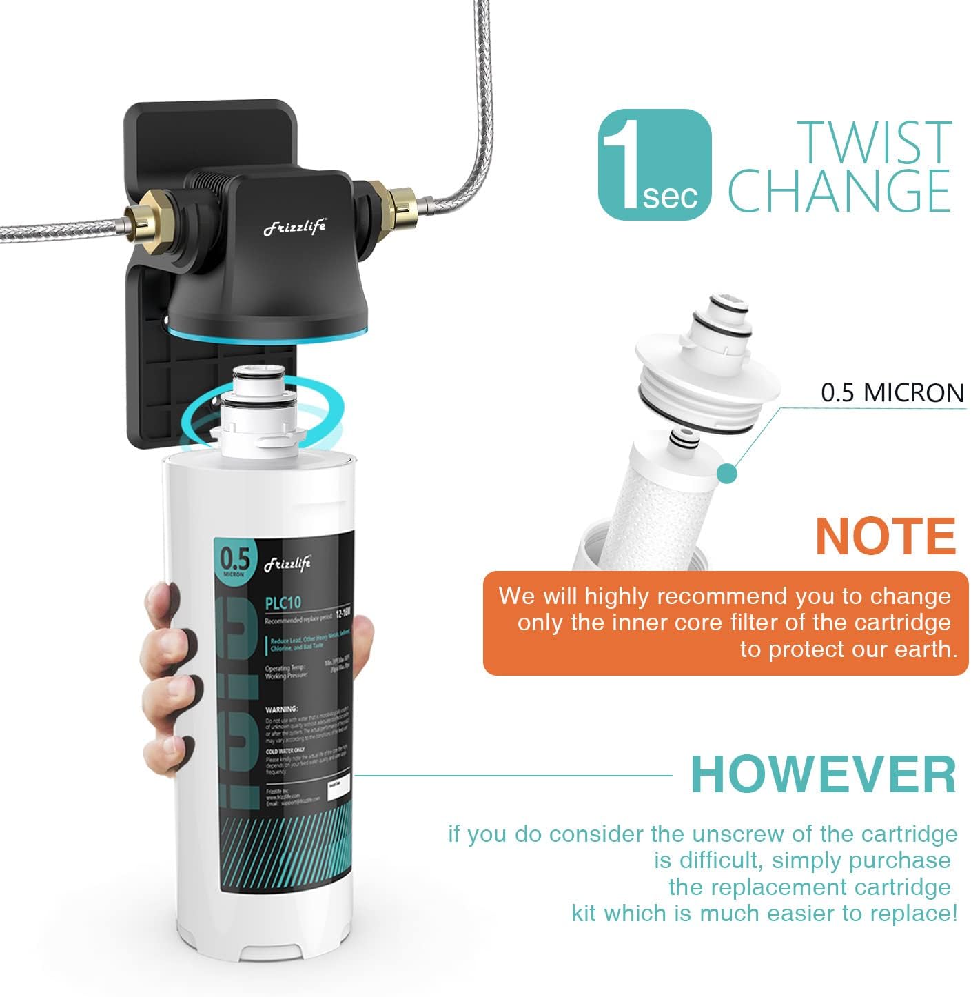 Frizzlife SW10-HF Replacement Housing Kit With PLC10 Filter Cartridge Inside - For SW10 and SW10F Under Sink Water Filter Systems - Image 3