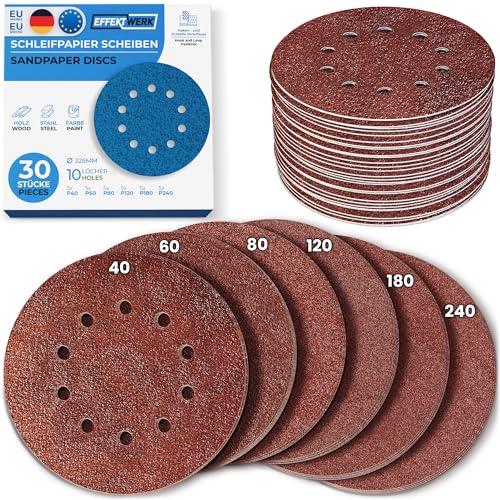 Effektwerk Schleifscheiben (30er-Pack 10 Löcher) 225 mm Schleifpapier für Fein- und Grobschliff verschiedene Körnungen 40/60/ 80/120/180/240 (je 5 Stück)
