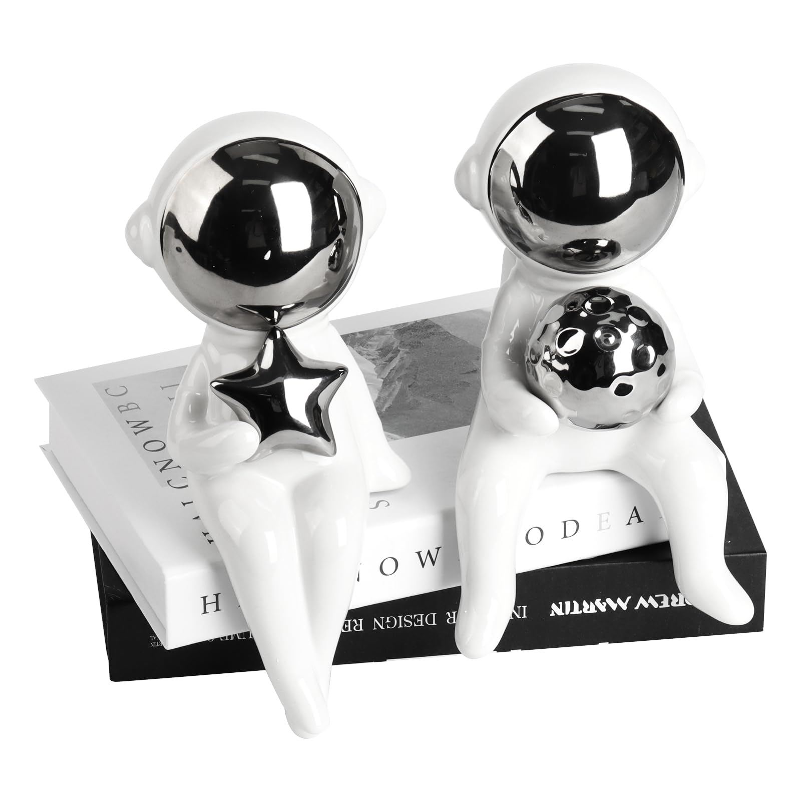 Astronaut Decorative Bookends, Astronaut Decoration, Modern Home Decor Accents Ceramic Bookends, Astronaut bookends for Shelves, Book Shelf Holder (Include Two Fake Books)