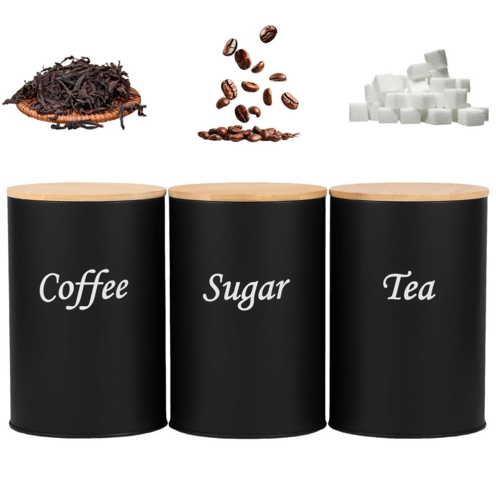shaojian 3Pcs Coffee Tea Sugar Canisters 1000ML Black Metal Tea Coffee Sugar Canisters Set with Airtight Bamboo Lid and Name Marker, Simple Design Kitchen Food Storage Container (Black, Cylinder)