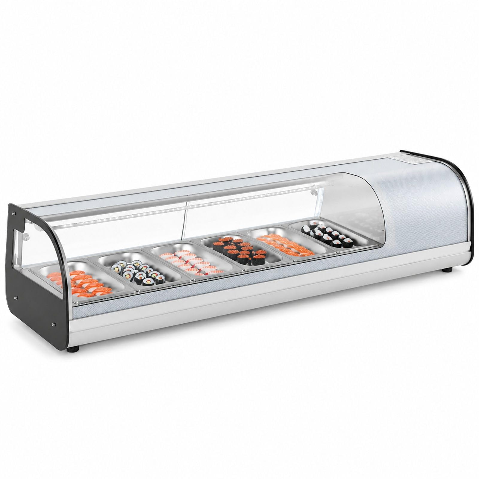 Sushi-Kühlvitrine 62 L für die Theke mit 6 Pfannen, gebogenem Glas, LED-Beleuchtung und digitaler Temperaturregelung für Restaurant und Geschäft