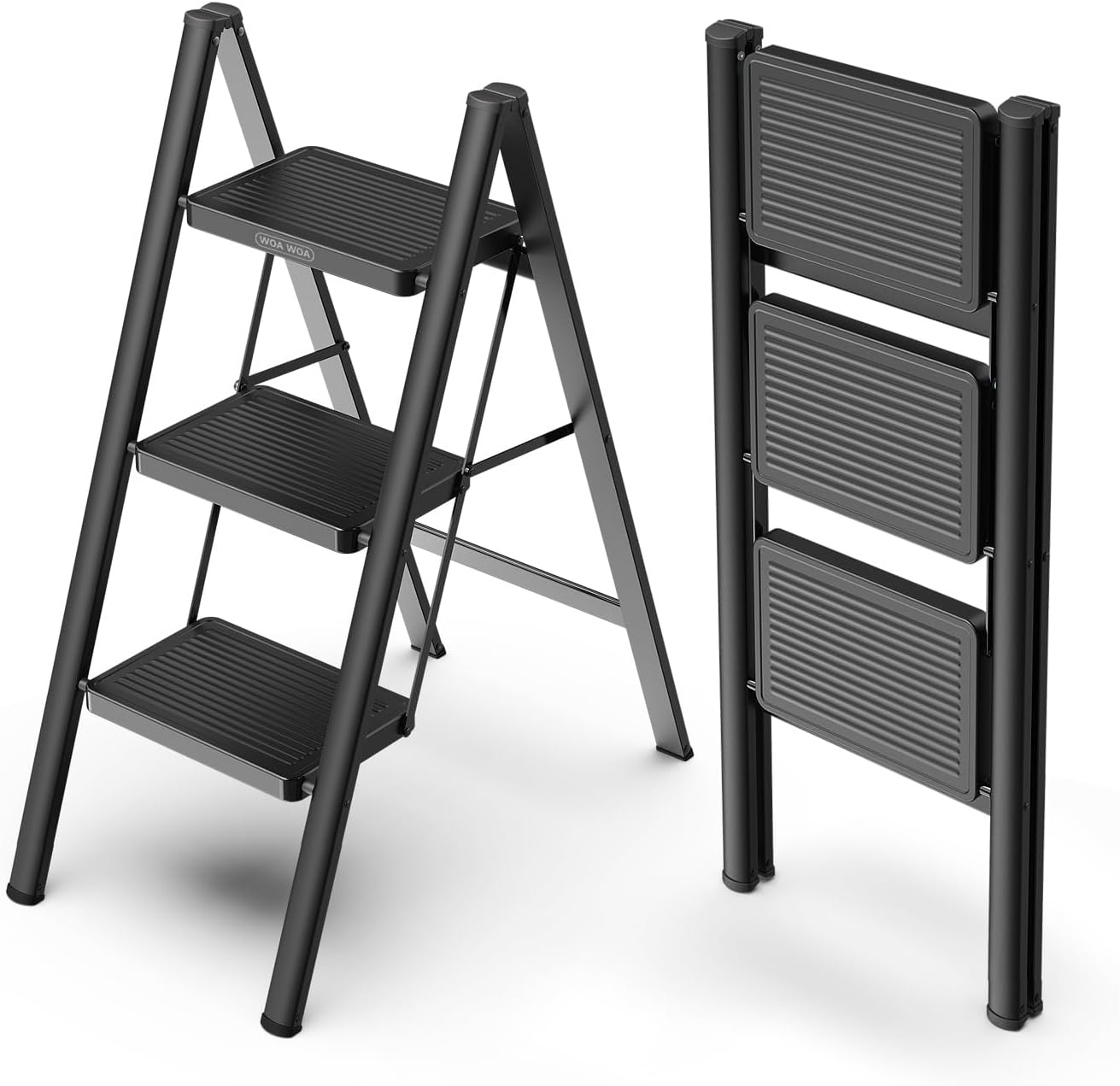 WOA WOA 3 Step Ladder, Folding Step Stool with Non-Slip Pedals, Portable Stepping Stool for Adults, Sturdy Steel Ladder, Space Saving for Home, Anti Skid Feet, Support 330lbs - Black