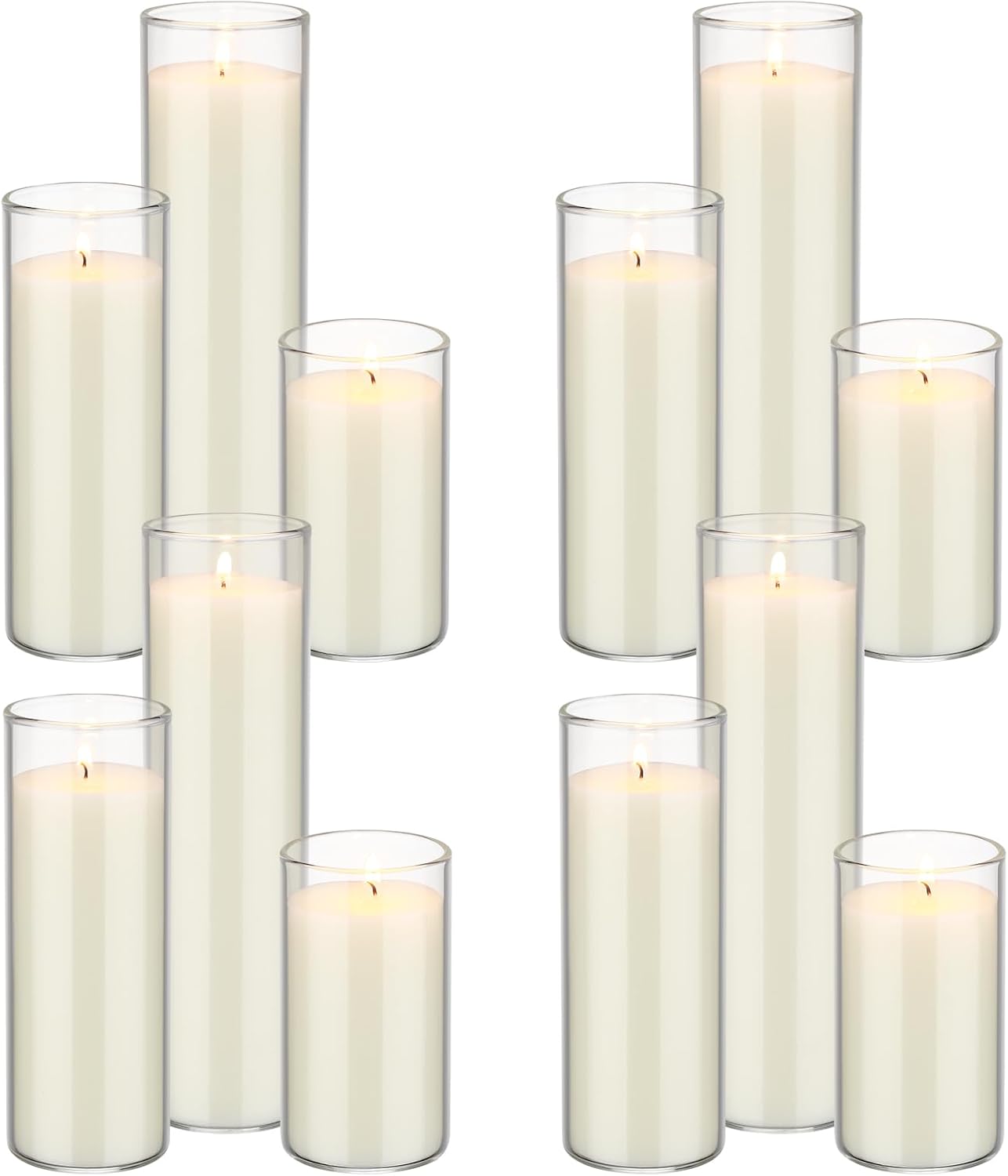 MTLEE Set of 12 White Pillar Candles with Glass Cylinder Vases Thin 2.1'' Wide Flower Glass Vases for Centerpiece Clear Hurricane Candle Holders and Candles Set Home Wedding Church Party, 3 Size