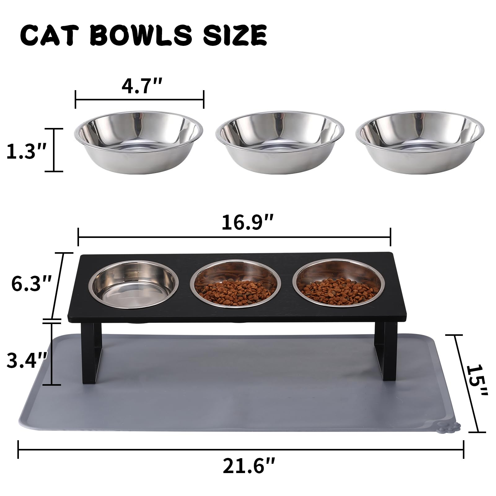 Upgraded Elevated Cat Bowls with Food Mat,15°Tilted Stand Anti Vomiting Raised Cat Dishes for Food and Water,3 Stainless Steel Bowls for Cats and Puppy(Black)