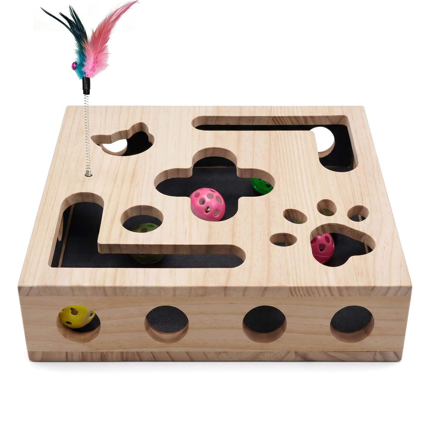 Cat Nail File Scratcher Box, Stress-Free Claw Care Alternative for Indoor Cats, Solid Wood Puzzle Enrichment Toy with Sandpaper and Bell Balls