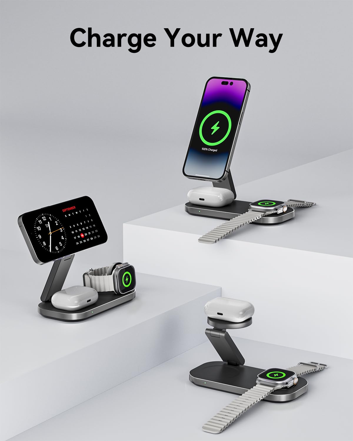 3‑in‑1 Wireless‑Ladestation mit Qi2 25 W, magnetisch und faltbar, kompatibel mit Mag‑Safe für iPhone Serie/Apple Watch & Air‑Pods