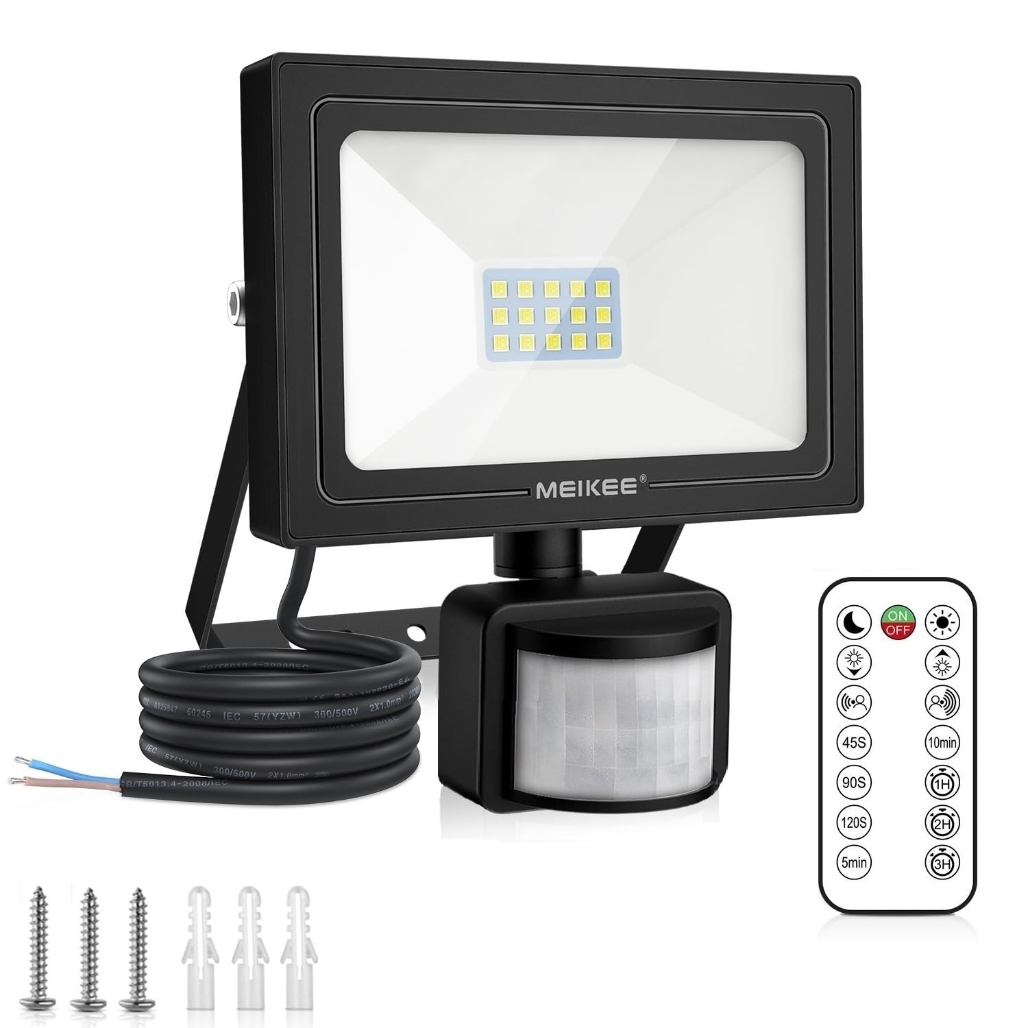 MEIKEE reflektor led z czujnikiem ruchu 15 W, 150lm-1200 lm, 6500 K, zimna biel, 3 tryby, 10 poziomów jasności, oświetlenie punktowe led Z pilotem, IP66 wodoodporny, reflektor do ogrodu garaż boisko