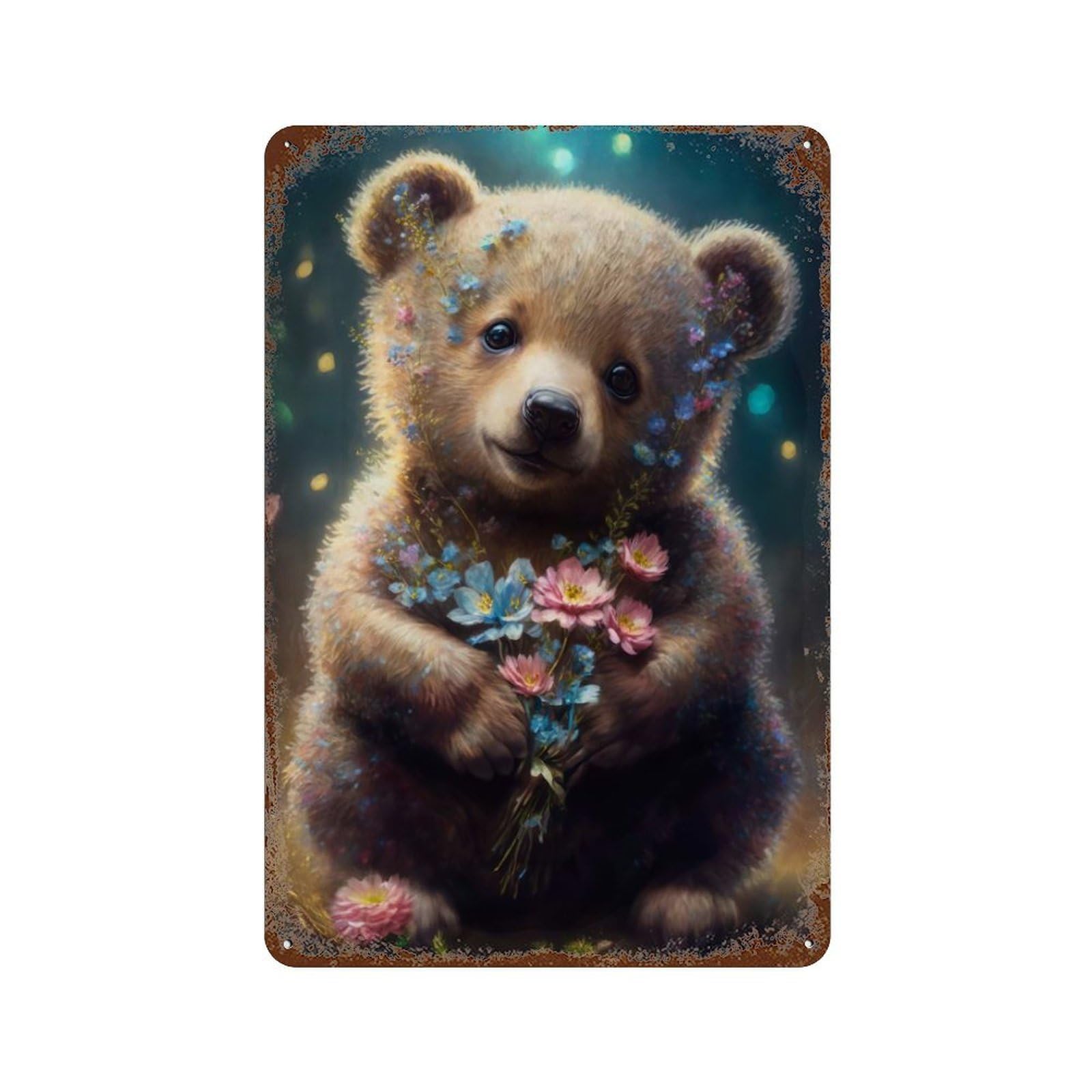 Sweet Bear with Flowers Distressed Metal Wall Sign 11.8"x7.9", Rustic Home Decor for Living Room, Hallway And Home Decor