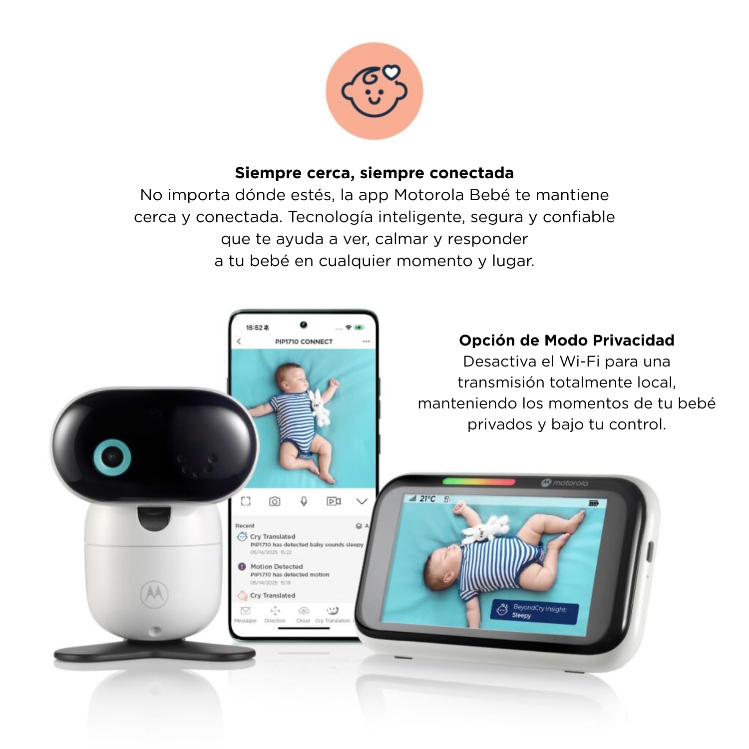 Motorola Nursery PIP1710 Connect – Vigilabebés Wi-Fi con Cámara HD Motorizada y Pantalla Táctil de 5” | Detección y Traducción de Llanto, App Motorola Bebé, Visión Nocturna, Montaje para Cuna