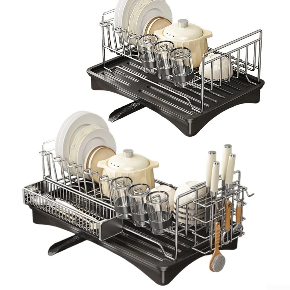 Edelstahl-Abtropfgestell mit Utensilienhalter und Abtropfschale, 304 Edelstahl-Abtropfgestell für Spüle, V-förmiger Ablauf-Besteck-Organizer, kompaktes Geschirrtrocknen (A)