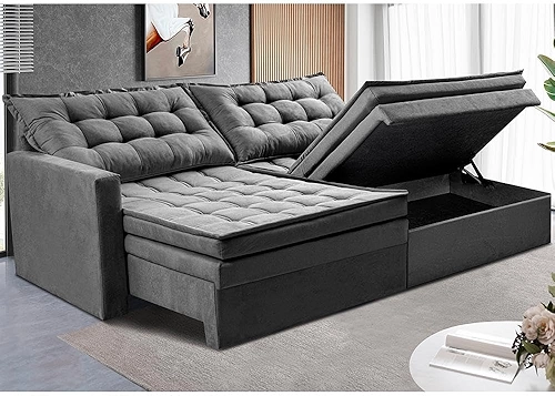 Sofá Sem Caixa Retrátil Baú 2,00m Cama Inbox Secret Suede Velusoft Cinza