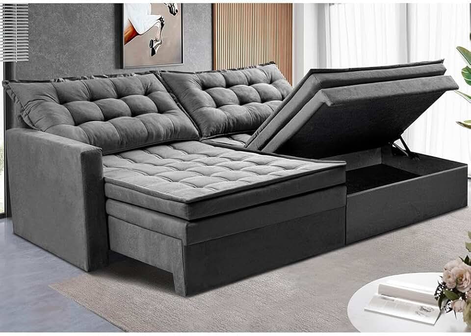 Sofá Sem Caixa Retrátil Baú 2,00m Cama Inbox Secret Suede Velusoft Cinza