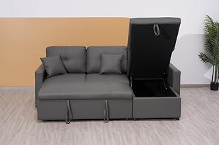Grey Corner Sofa Bed With Storage - Modern Bonded Leather Convertable Click Clack for Office&House - L Shaped 3 Seater Pull Out For Living Room Furniture - 3003B (Left Hand Side)
