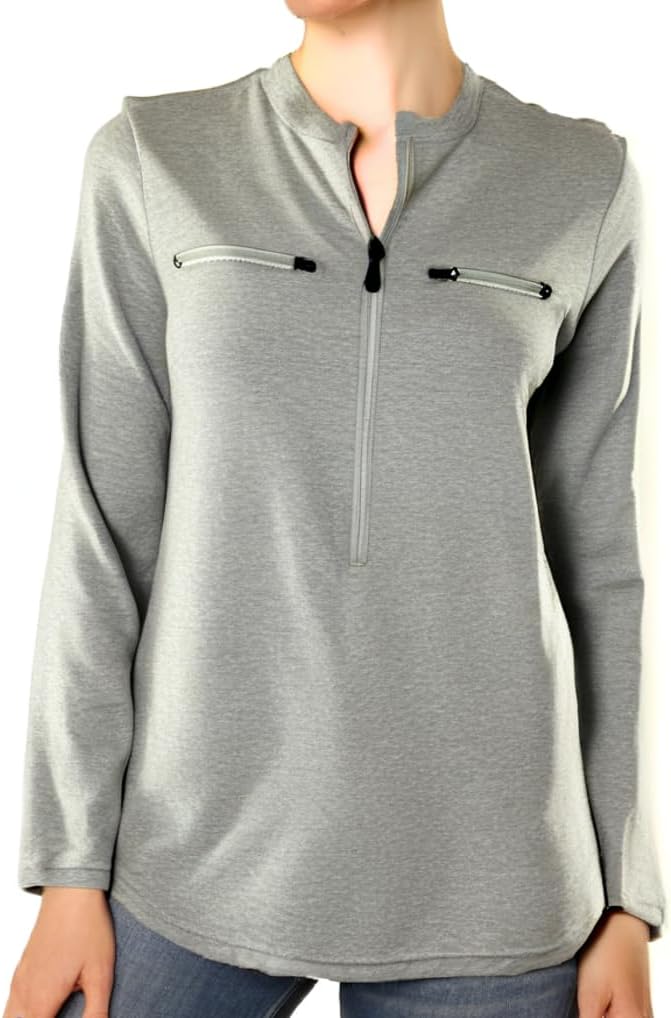 Women's Chemo Port Breathable Cotton Shirt - 5 Access Points - 2 Shouler Snap, 3 Zipper Port Accesses