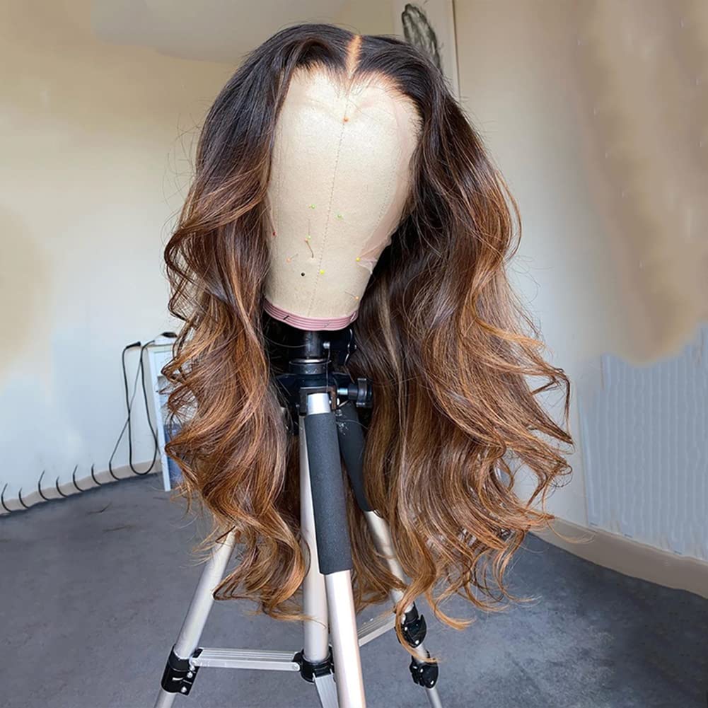 Ombre Brown Blonde Human Hair Wigs 1B/30# Highlight Color 20 Inch Brazilian Virgin Hair Body Wave 13x4 Lace Front Wigs Human Hair Pre plucked with Baby Hair 150% Density Wet and Wavy Wigs for Women
