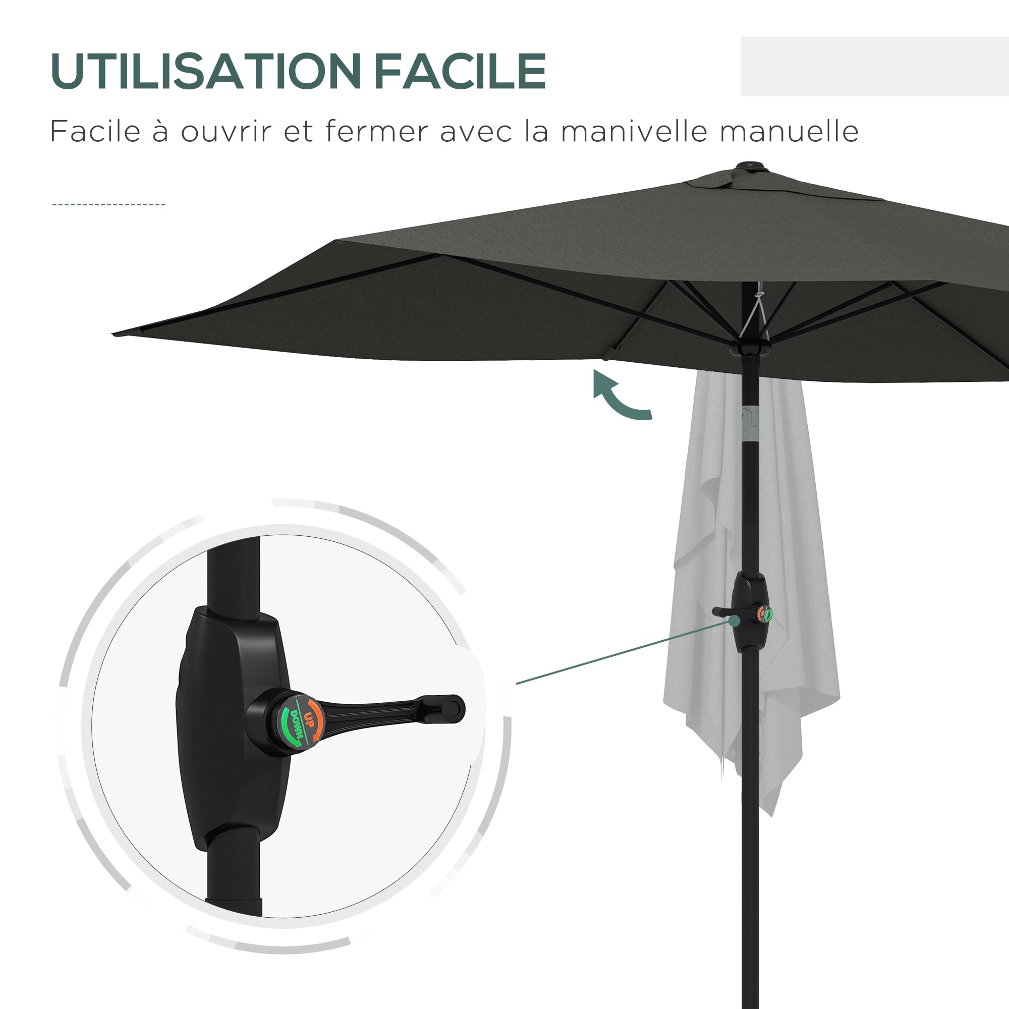 Outsunny Parasol de jardin Parasol droit rectangulaire inclinable 2 x 3 m avec manivelle toile polyester imperméabilisée haute densité 180 g/m² gris foncé