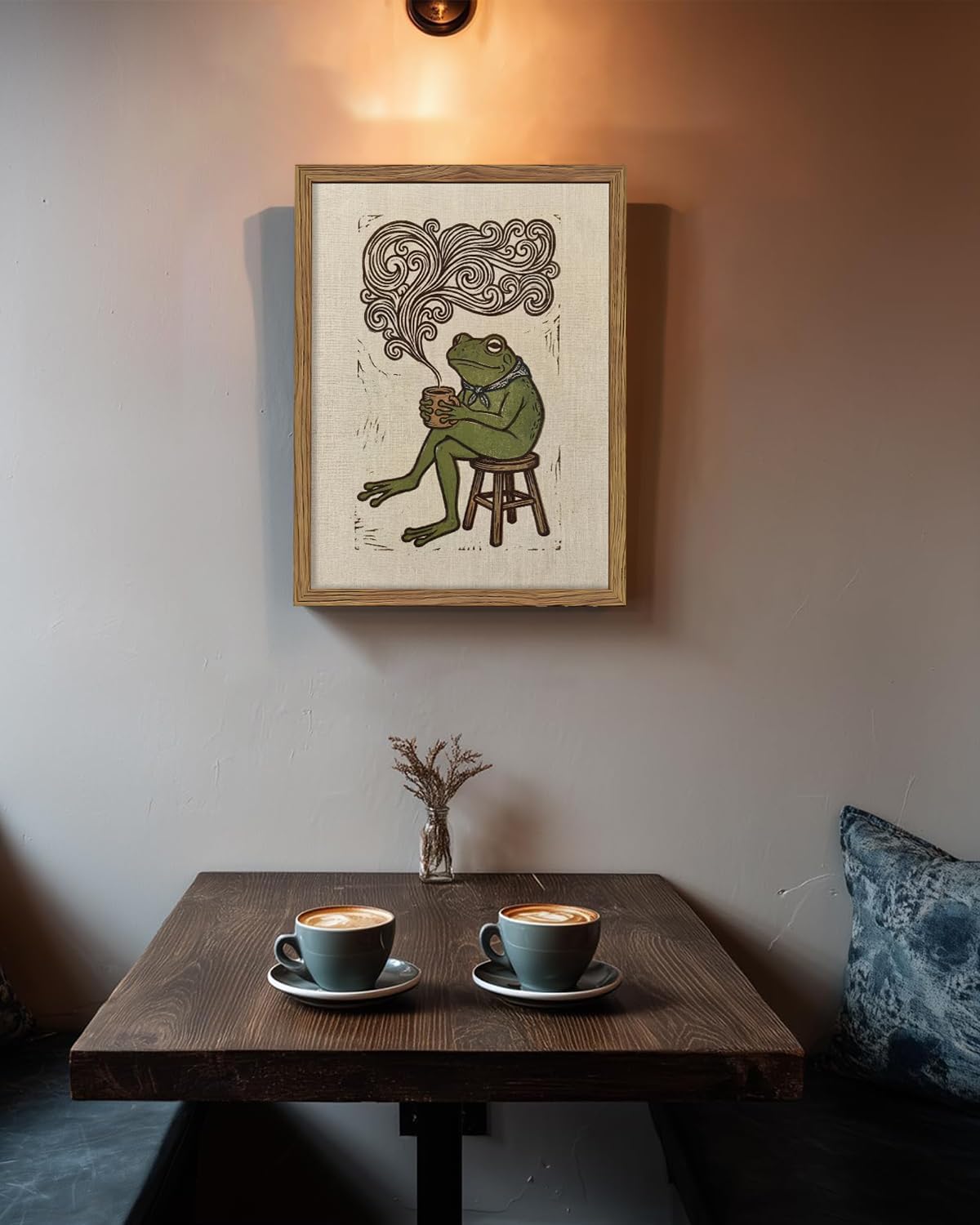Framed Vintage Frog Drinking Coffee Wall Art, Funny Whimsical Animal Picture, Retro Linocut Canvas Print, Cozy Cottagecore Solid Wood Framed Poster for Kitchen Coffee Bar Wall Decor 16x24 inch image 2