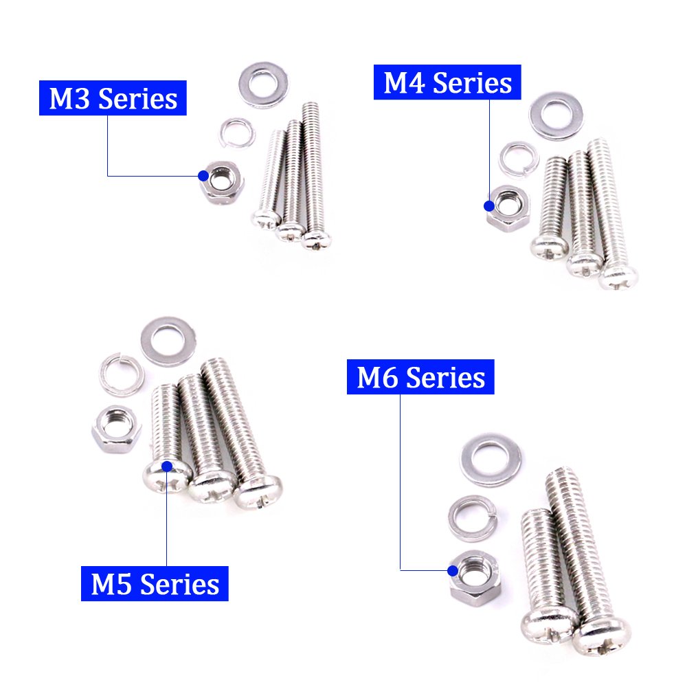 Glarks 665Pcs M3 M4 M5 M6 Stainless Steel Phillips Pan Head Screws Bolts Nuts and Flat Gasket Spring Washers Assortment Kit - Image 4