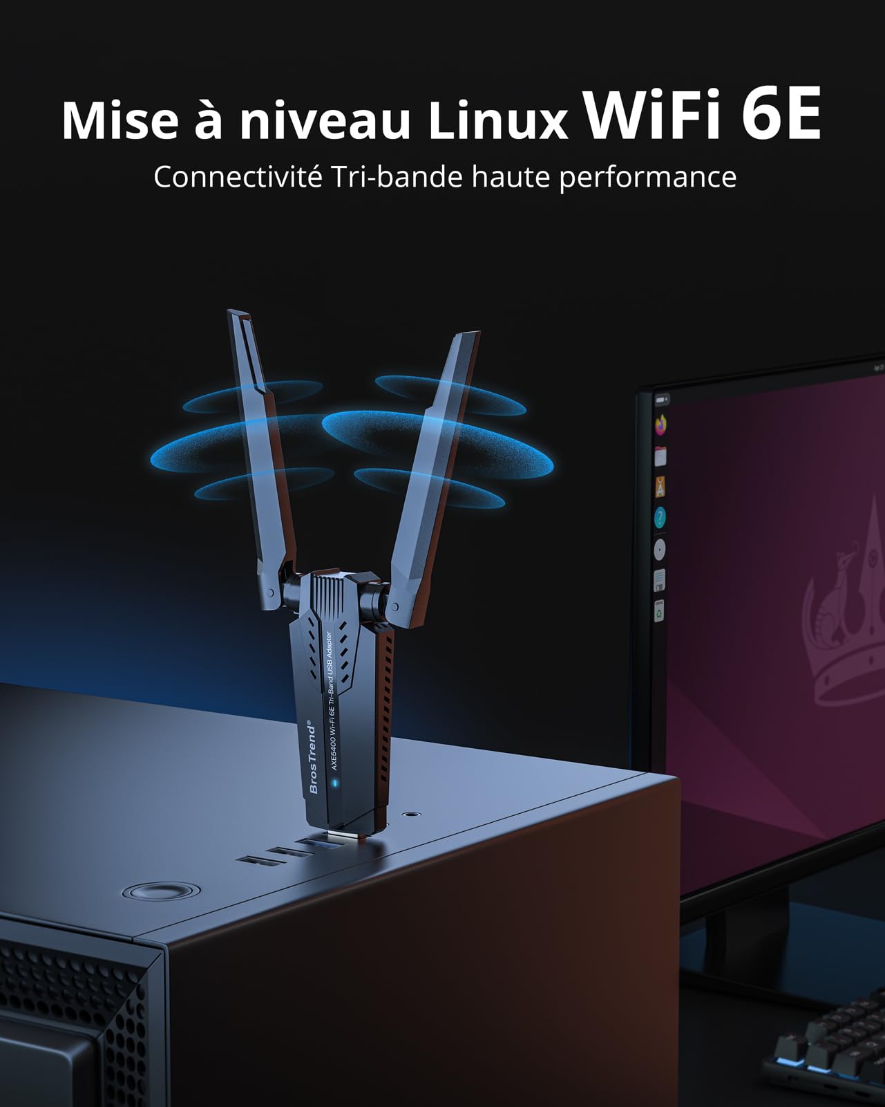 BrosTrend AXE5400 WiFi 6E Clé WiFi Linux Puissante pour Ubuntu, Mint Debian | Adaptateur Clé USB Dongle WiFi Linux pour Raspberry Pi OS, Kubuntu, Zorin, Mate, Windows etc. Tri-Band 6GHz / 5GHz / 2.4GHz