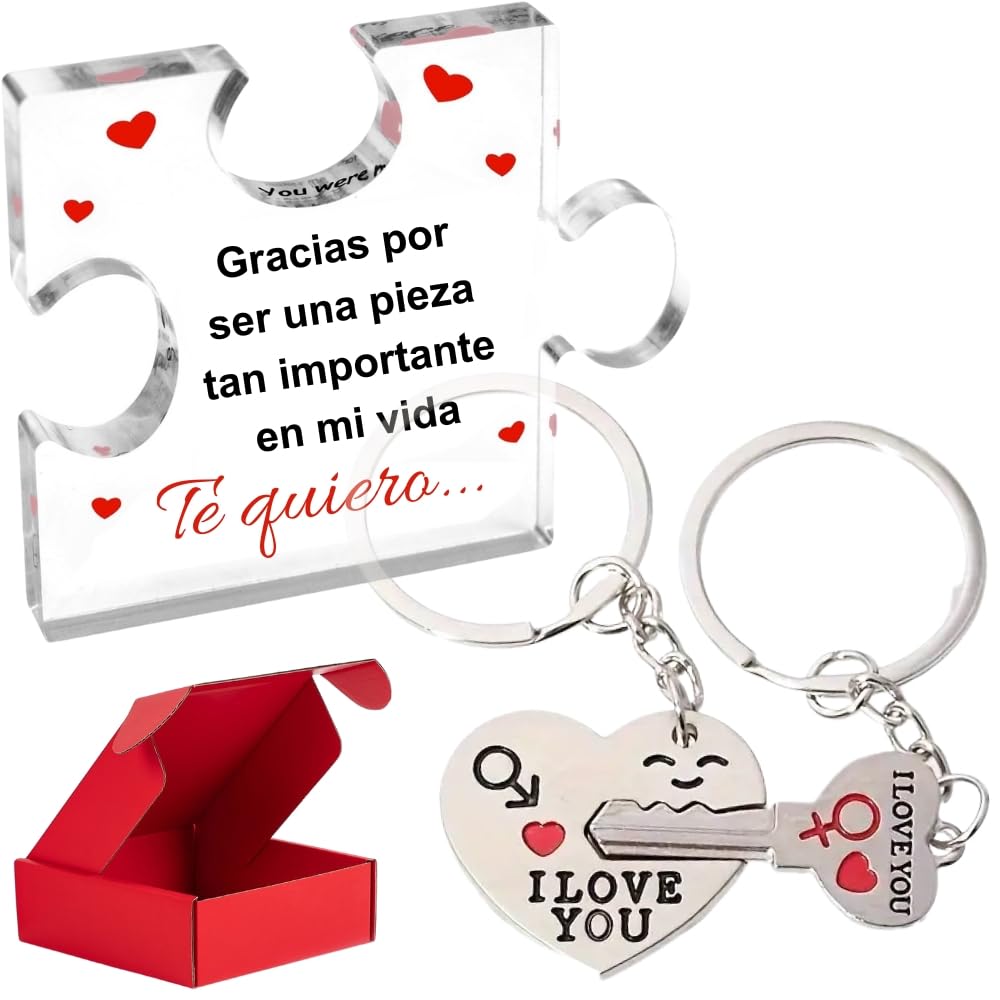 Megaser® Set Regalos Parejas, Regalos Originales para Parejas, Regalos Románticos Aniversario, Pieza Puzzle con Frase Emotiva + 2 Llaveros de Corazón y Llave, Regalos para Novia y Novio