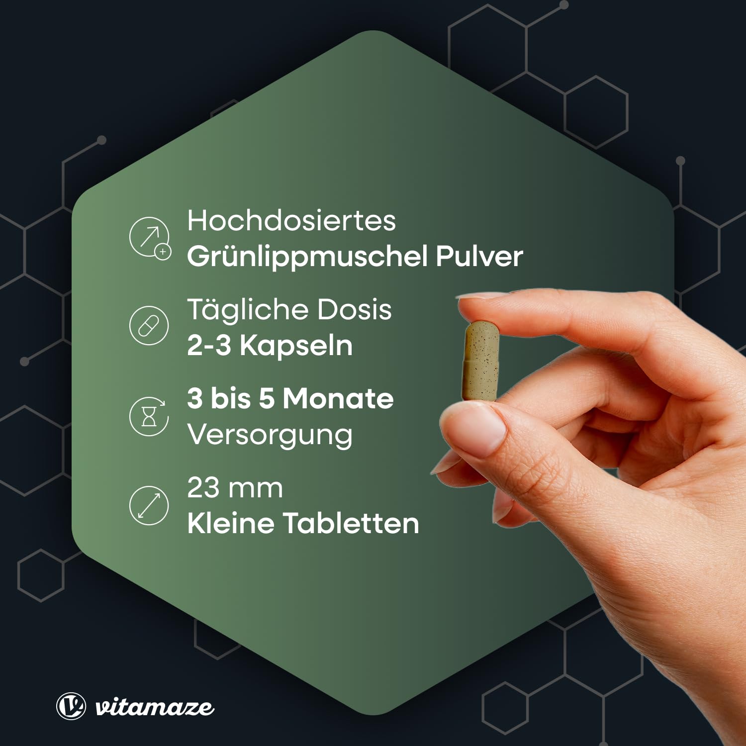 Vitamaze Grünlippmuschel Kapseln hochdosiert 1500 mg Grünlippmuschel Pulver aus Neuseeland pro Tagesdosis, 300 Kapseln. Natürliche Nahrungsergänzung ohne Zusätze, Made in Germany.