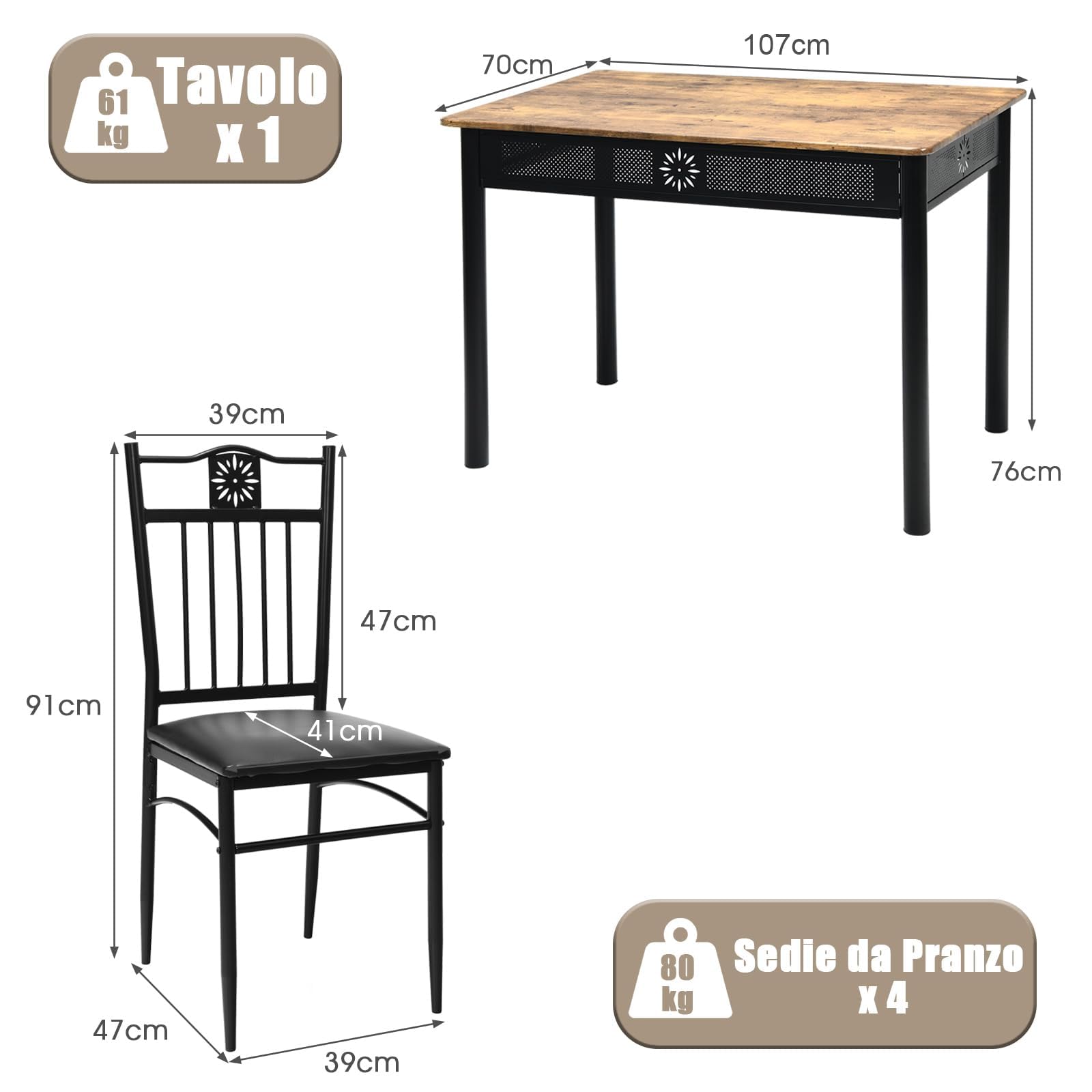RELAX4LIFE Set Tavolo e 4 Sedie da Cucina, 5 Pezzi, per 4 Persone, Tavolo Rettangolare : 110 x 70x 76 cm, 4 Sedie Imobottite con Schienali: 41 cm x 47 cm x 93 cm，Per Bar, Cucina, Soggiorno (Nero)