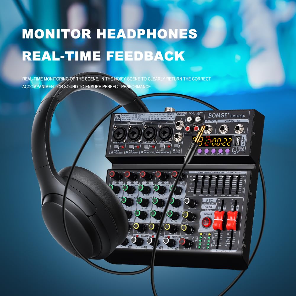 BOMGE Mixeur audio DJ professionnel 06 A 6 canaux, mixeur sonore avec 99 effets DSP, égaliseur 7 bandes indépendant, 48 V, interface Bluetooth USB, enregistrement pour studio, scène, fête,