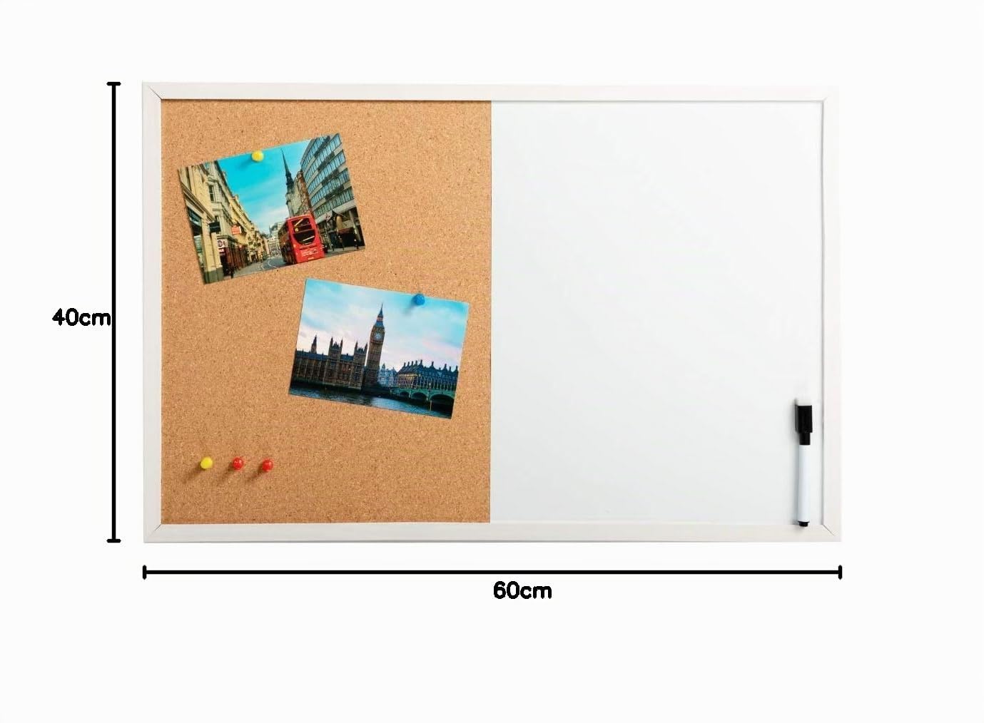 DOEWORKS 60 x 40cm Pizarra Mixta Pizarra Magnética Blanca & Tablón de Corcho, Tablero Combinado para Colgar, Tablero de Anuncios con Marco de Madera Blanco