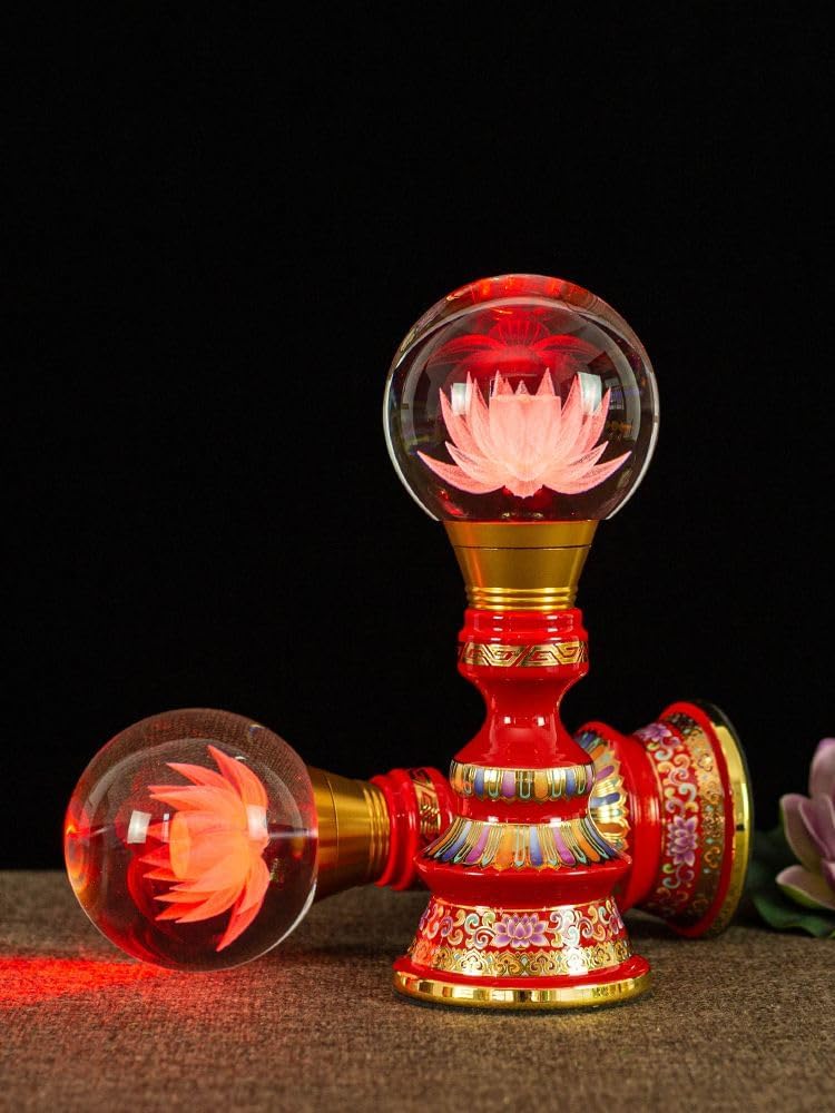 （ 金色中号【七彩变光】 单独插电/一对 高19CM ） Enamel LED Bulb Changming Lotus lamp in Front of The Buddha Guanyin God of Wealth offering lamp Yellow Light Crystal lamp Plug-in Pair